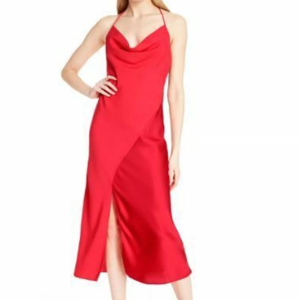 Cushnie Red Satin Cowl Neck Midi Dress